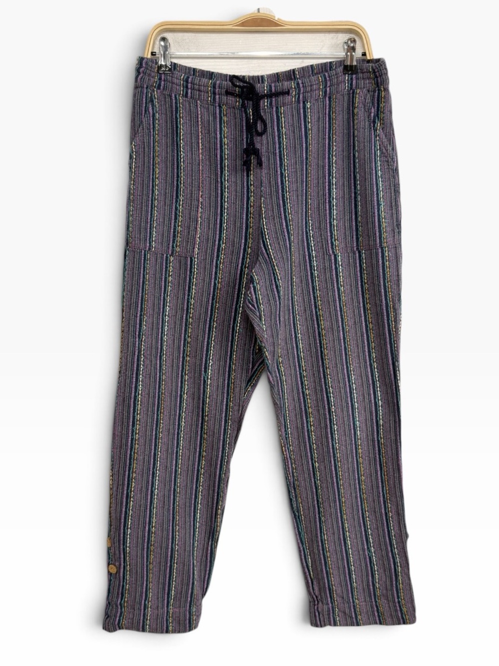 Sundance Multicolor Woven Stripe Pants Boho Drawstring Button Cuff Large